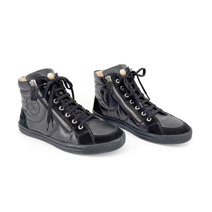 Chanel CC Pearl High Top Sneakers in Black Nylon & Suede Size 38