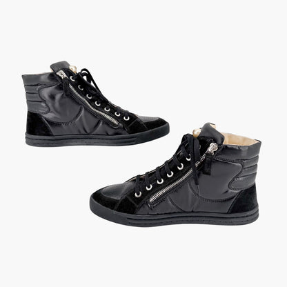 Chanel CC Pearl High Top Sneakers in Black Nylon & Suede Size 38