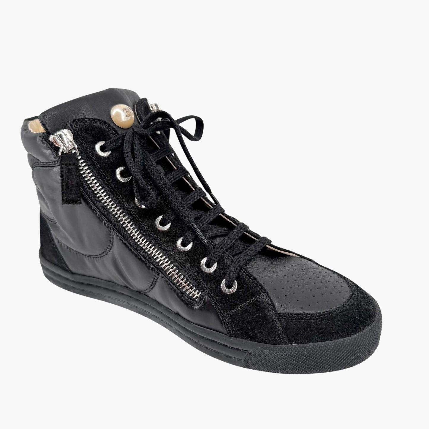 Chanel CC Pearl High Top Sneakers in Black Nylon & Suede Size 38