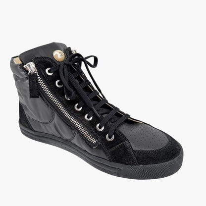 Chanel CC Pearl High Top Sneakers in Black Nylon & Suede Size 38
