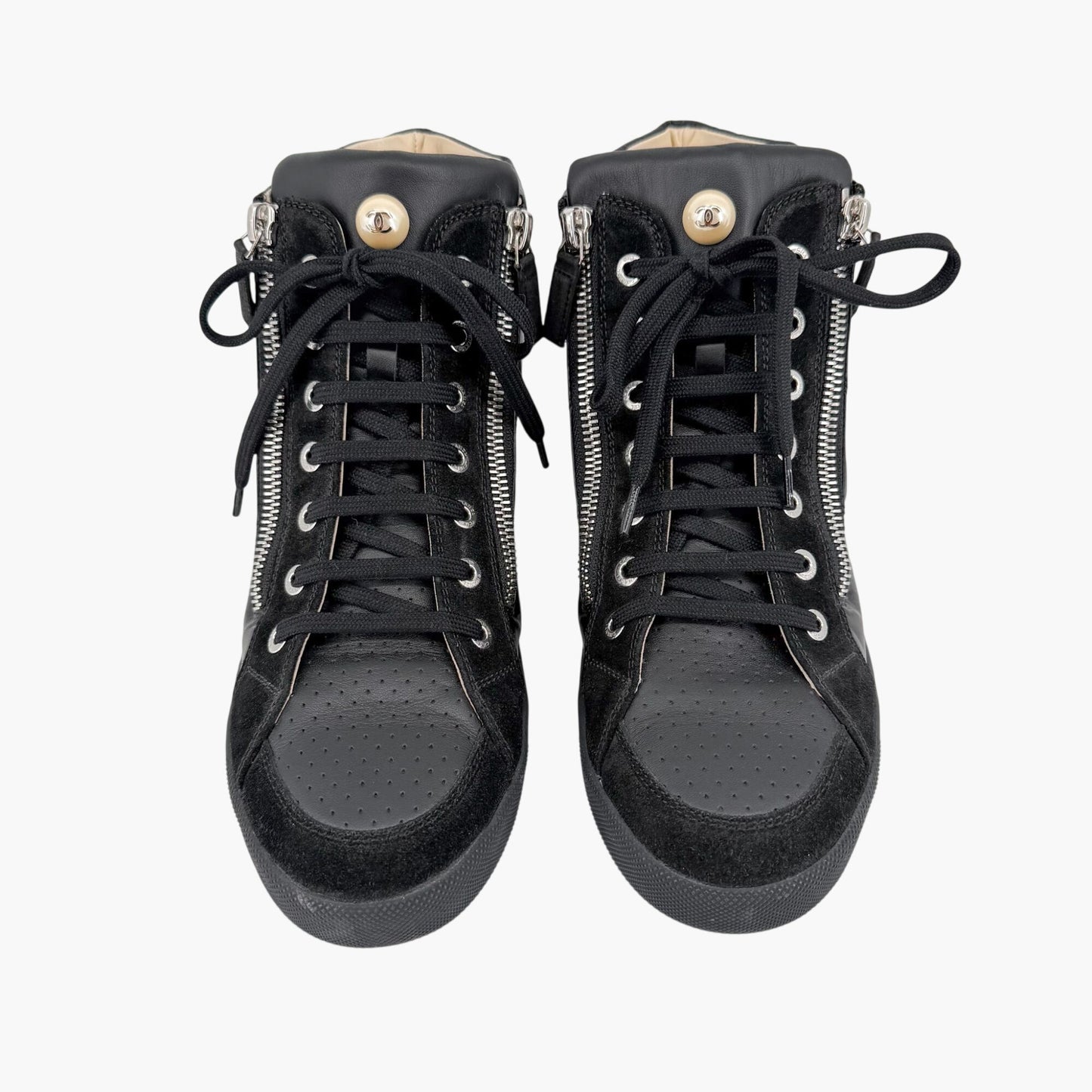 Chanel CC Pearl High Top Sneakers in Black Nylon & Suede Size 38