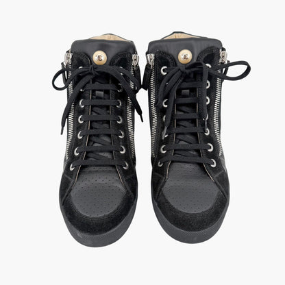 Chanel CC Pearl High Top Sneakers in Black Nylon & Suede Size 38
