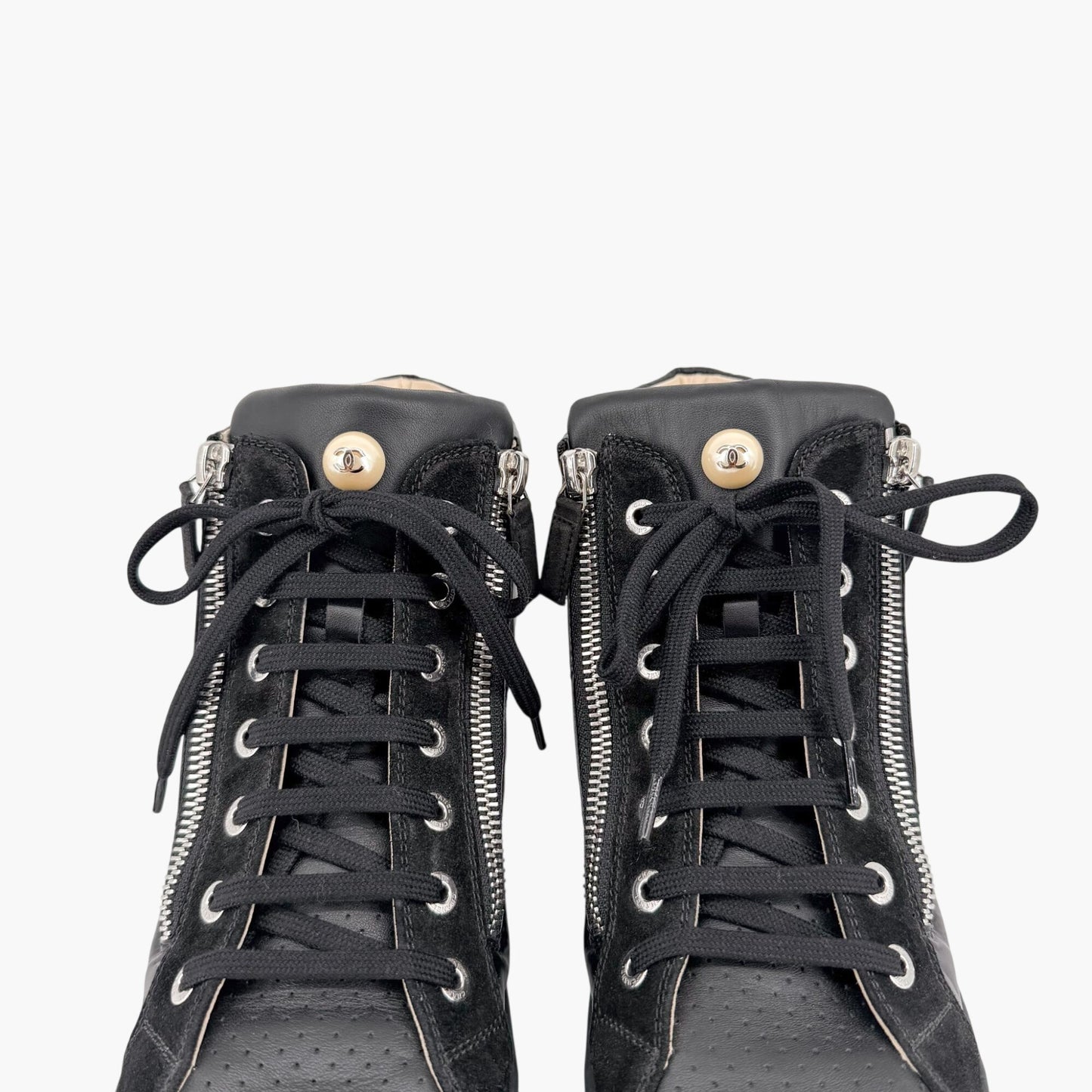 Chanel CC Pearl High Top Sneakers in Black Nylon & Suede Size 38