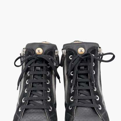 Chanel CC Pearl High Top Sneakers in Black Nylon & Suede Size 38