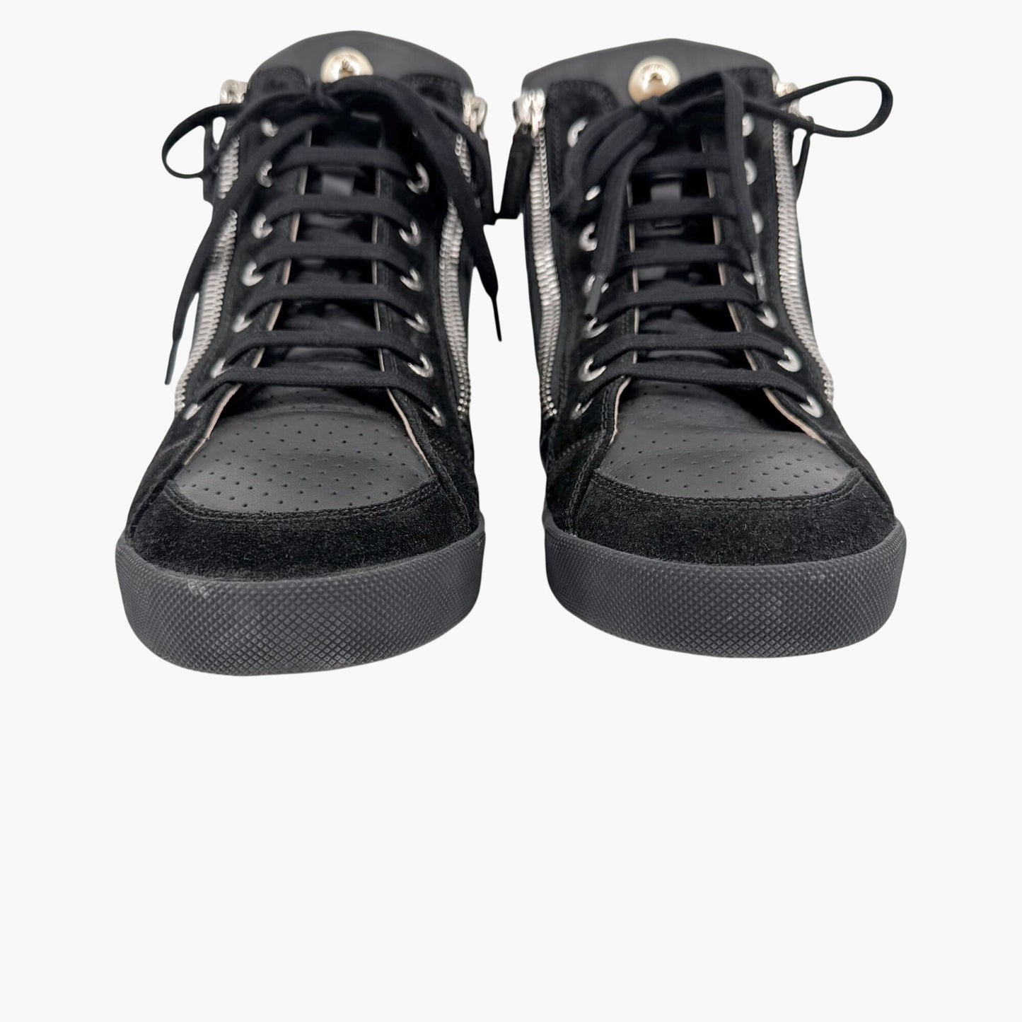 Chanel CC Pearl High Top Sneakers in Black Nylon & Suede Size 38