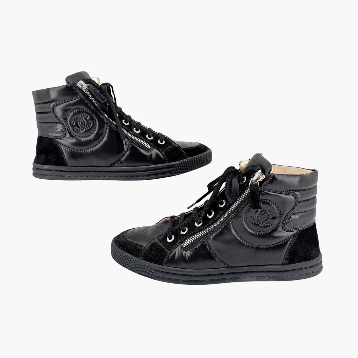 Chanel CC Pearl High Top Sneakers in Black Nylon & Suede Size 38