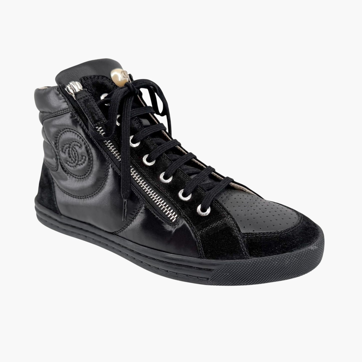 Chanel CC Pearl High Top Sneakers in Black Nylon & Suede Size 38