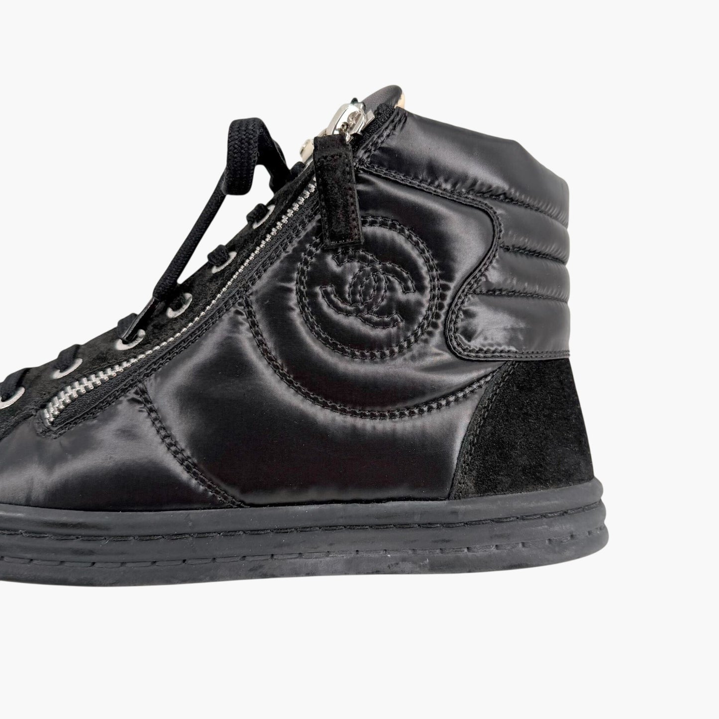Chanel CC Pearl High Top Sneakers in Black Nylon & Suede Size 38