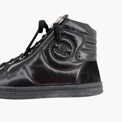 Chanel CC Pearl High Top Sneakers in Black Nylon & Suede Size 38