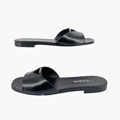 Prada Black Leather Logo Cutout Flat Mule Sandals – Size 39.5