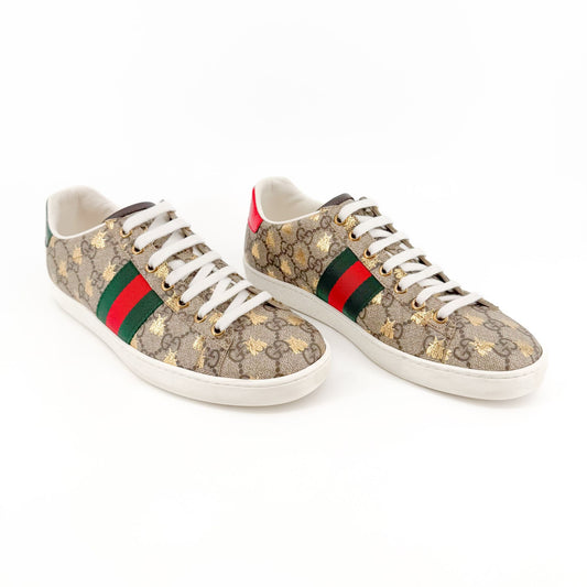 Gucci Ace Low Top Sneaker in Beige GG Monogram Bee Canvas Size 37.5