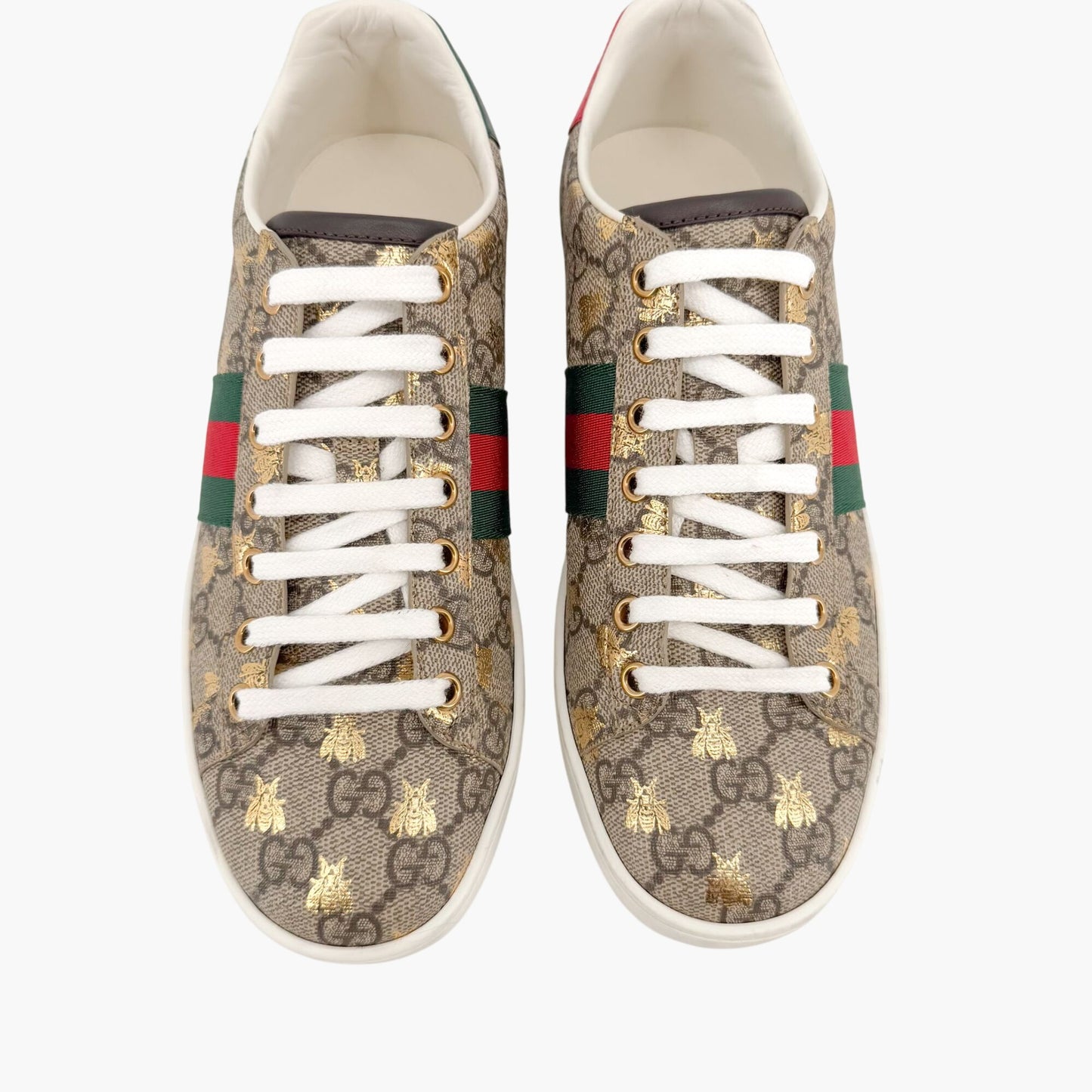 Gucci Ace Low Top Sneaker in Beige GG Monogram Bee Canvas Size 37.5