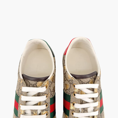 Gucci Ace Low Top Sneaker in Beige GG Monogram Bee Canvas Size 37.5