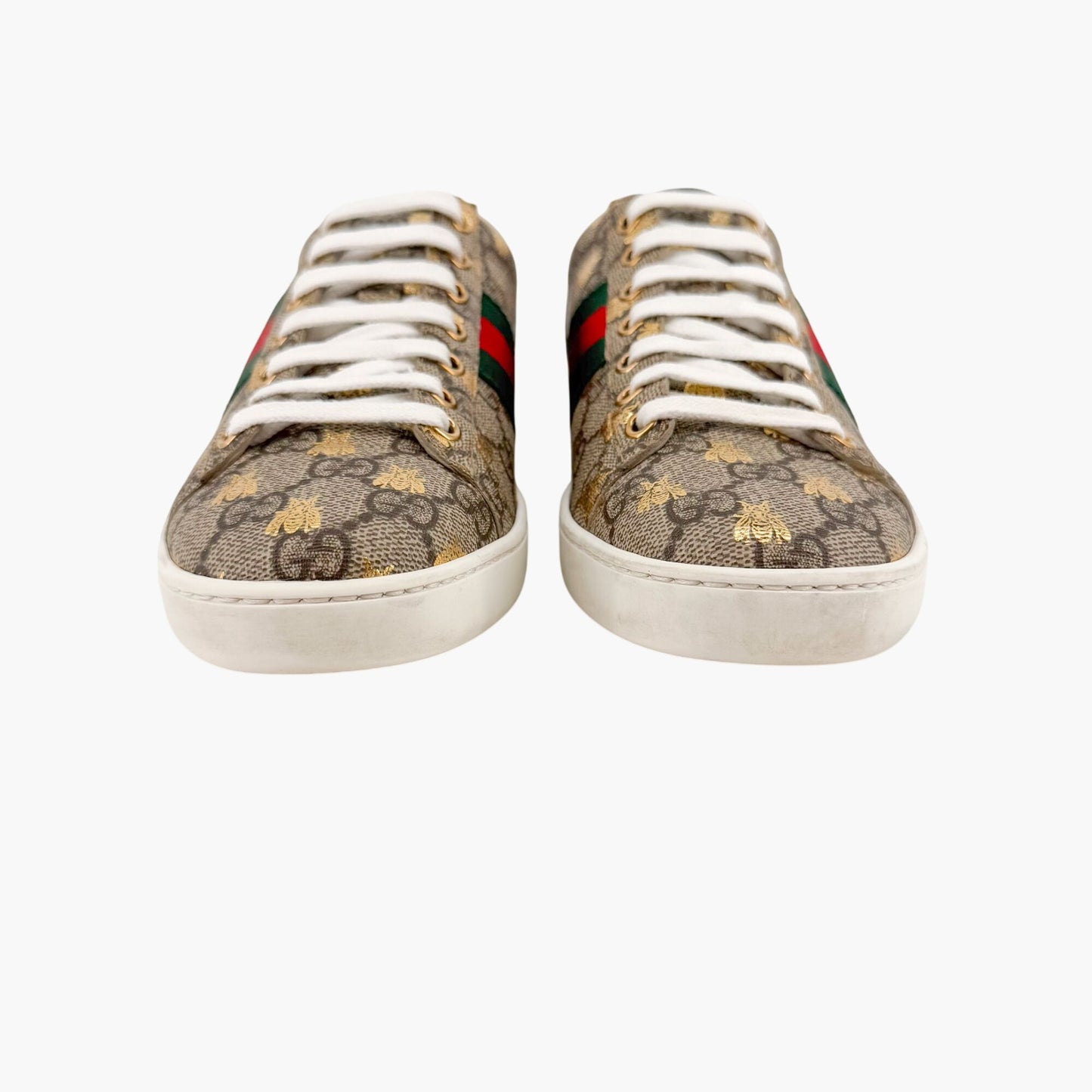 Gucci Ace Low Top Sneaker in Beige GG Monogram Bee Canvas Size 37.5