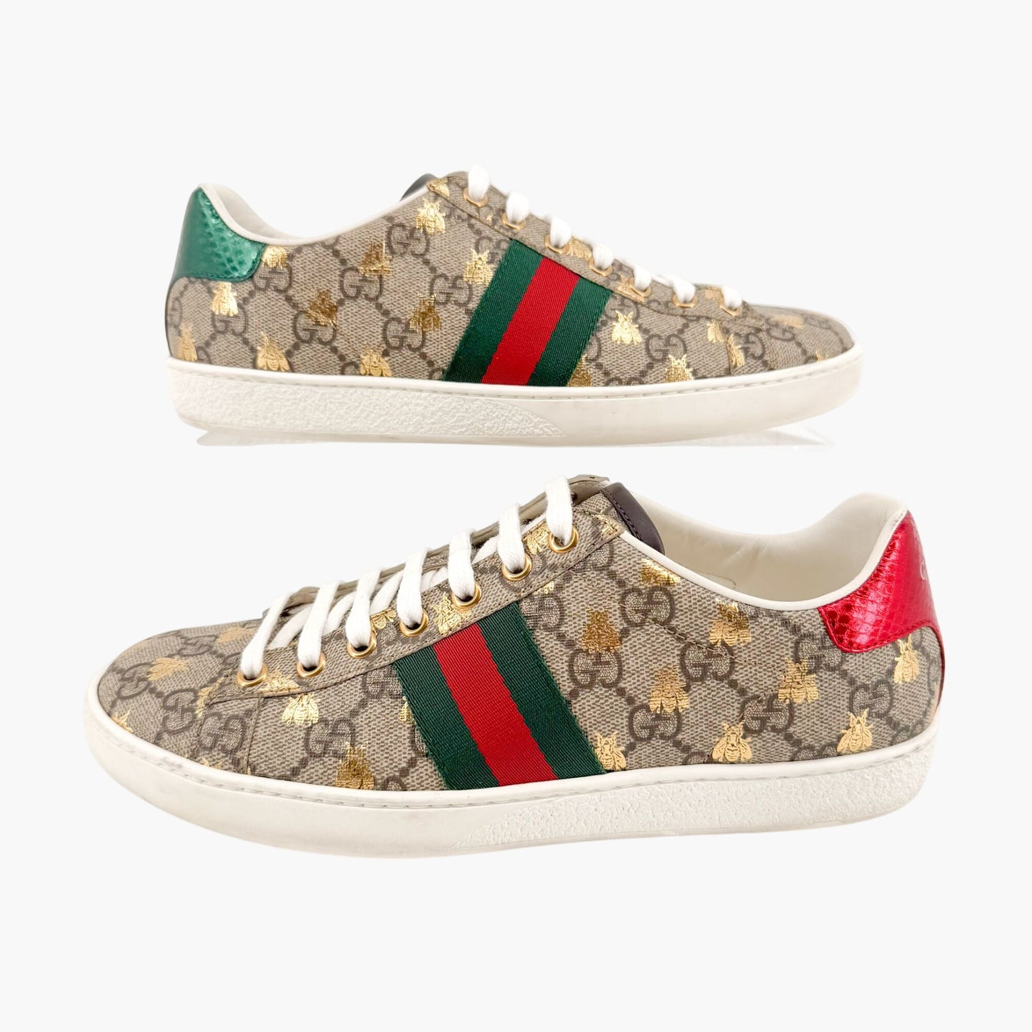 Gucci Ace Low Top Sneaker in Beige GG Monogram Bee Canvas Size 37.5