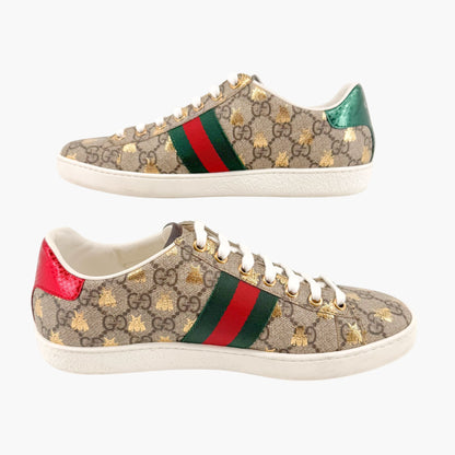 Gucci Ace Low Top Sneaker in Beige GG Monogram Bee Canvas Size 37.5