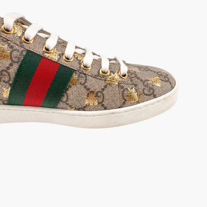 Gucci Ace Low Top Sneaker in Beige GG Monogram Bee Canvas Size 37.5