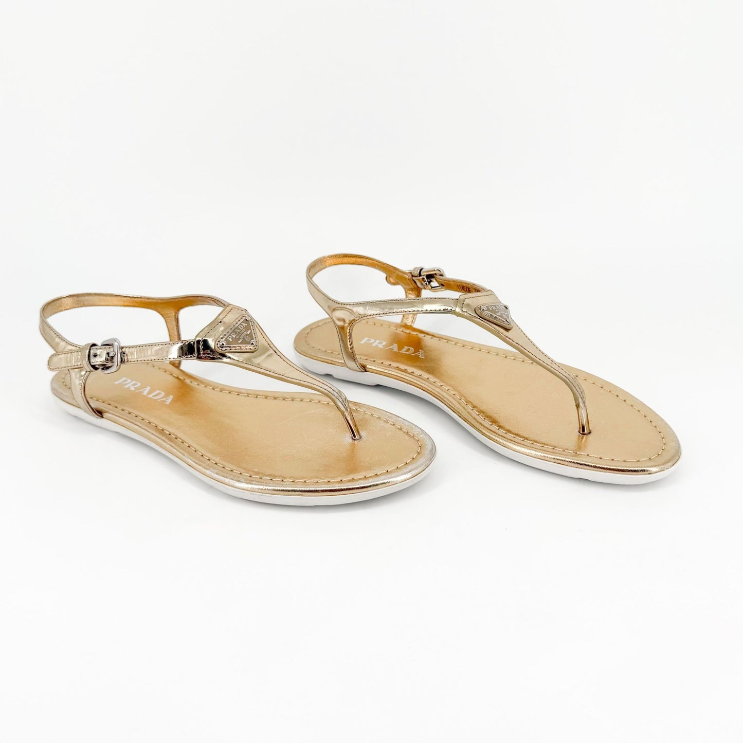 Prada Triangle Logo T Strap Sandals Gold Size 37.5