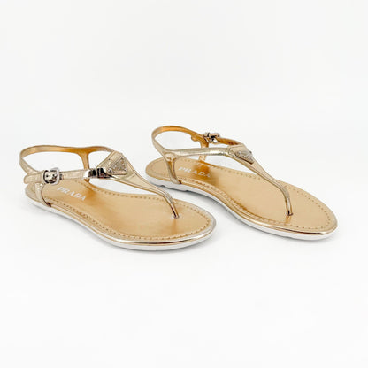 Prada Triangle Logo T Strap Sandals Gold Size 37.5