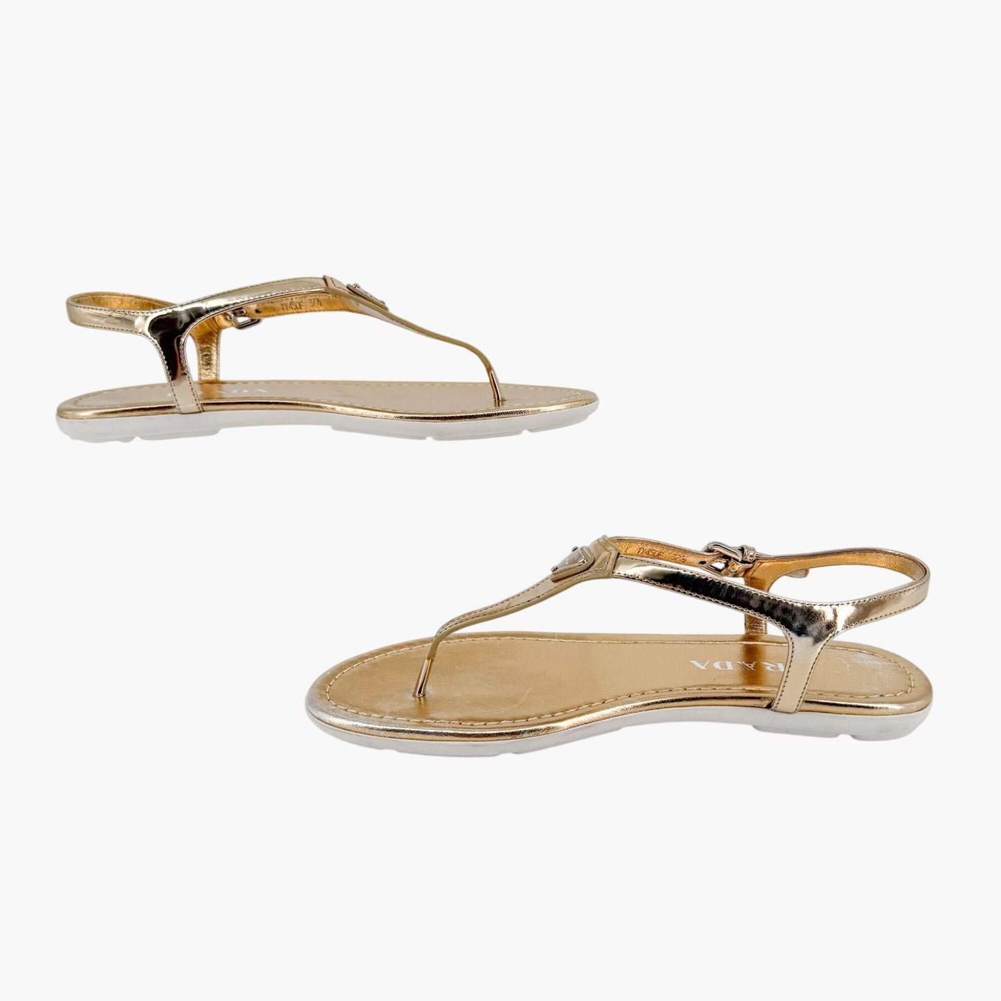 Prada Triangle Logo T Strap Sandals Gold Size 37.5