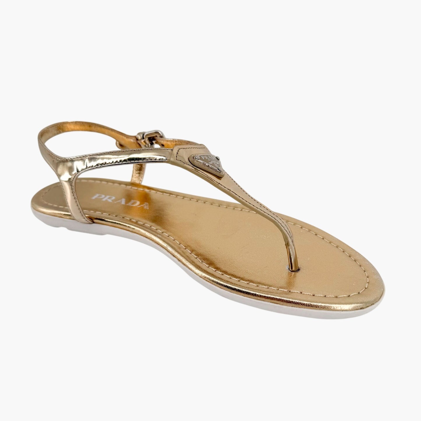Prada Triangle Logo T Strap Sandals Gold Size 37.5