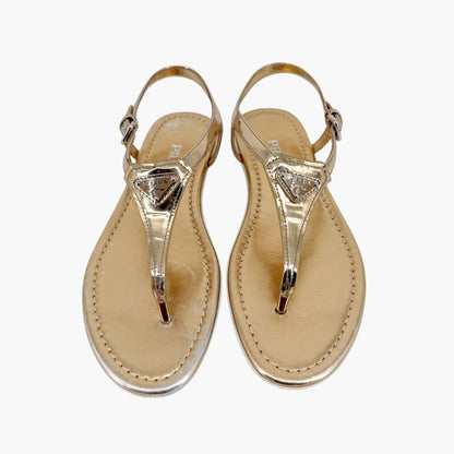 Prada Triangle Logo T Strap Sandals Gold Size 37.5