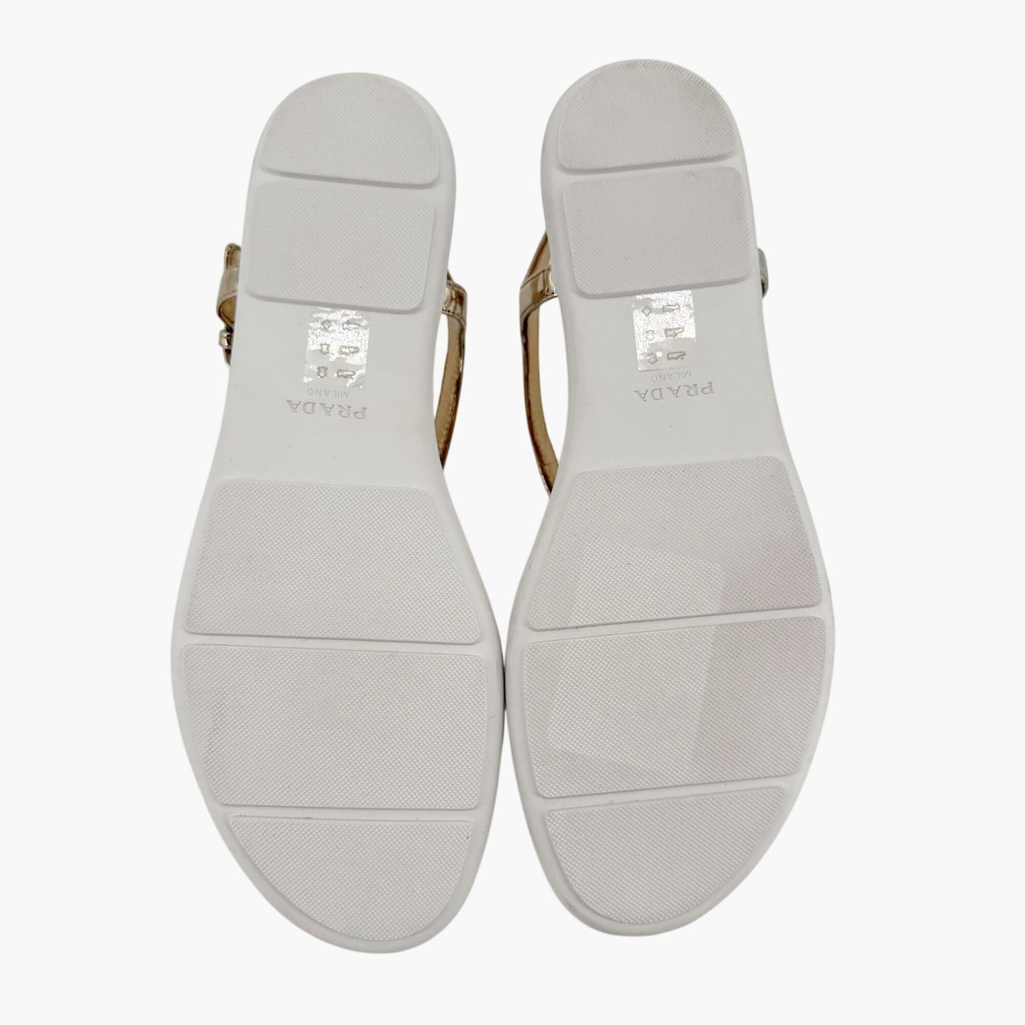 Prada Triangle Logo T Strap Sandals Gold Size 37.5