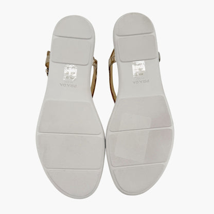 Prada Triangle Logo T Strap Sandals Gold Size 37.5