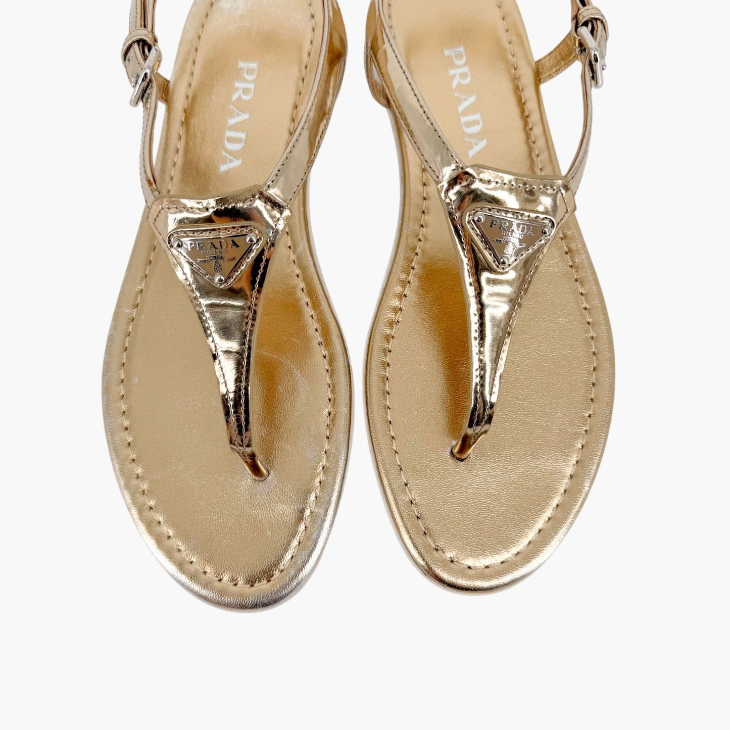 Prada Triangle Logo T Strap Sandals Gold Size 37.5