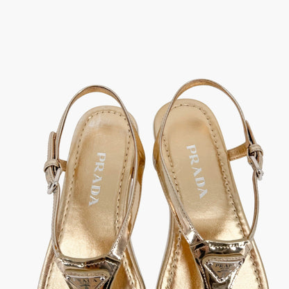 Prada Triangle Logo T Strap Sandals Gold Size 37.5