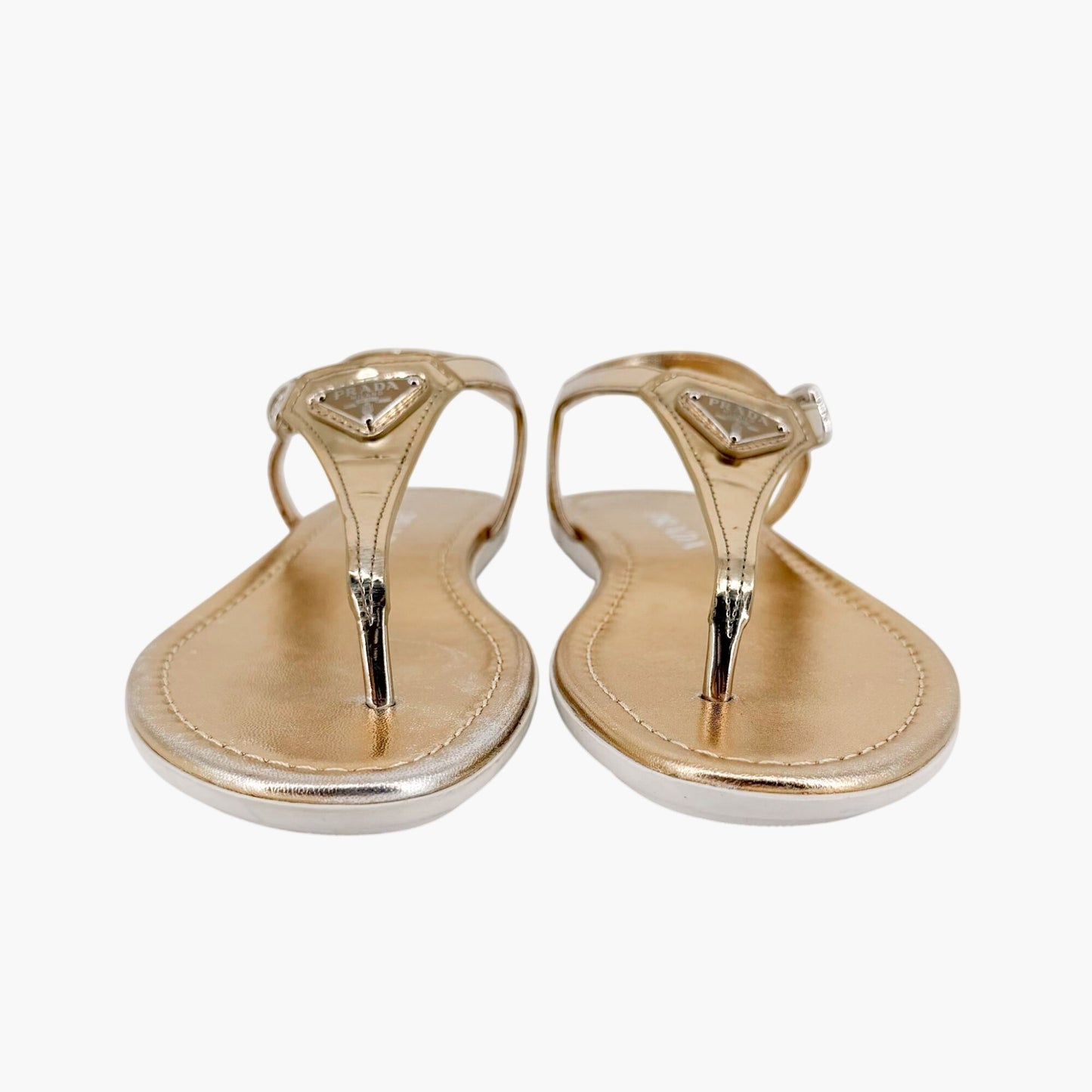 Prada Triangle Logo T Strap Sandals Gold Size 37.5