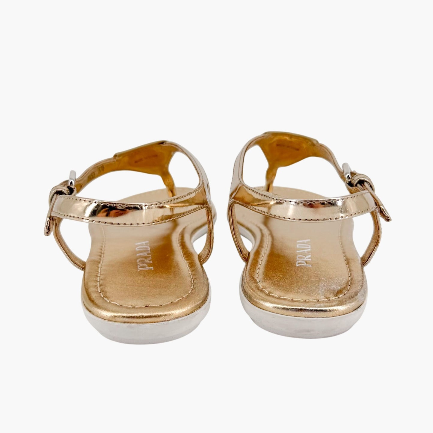 Prada Triangle Logo T Strap Sandals Gold Size 37.5