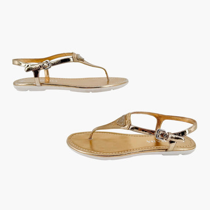 Prada Triangle Logo T Strap Sandals Gold Size 37.5