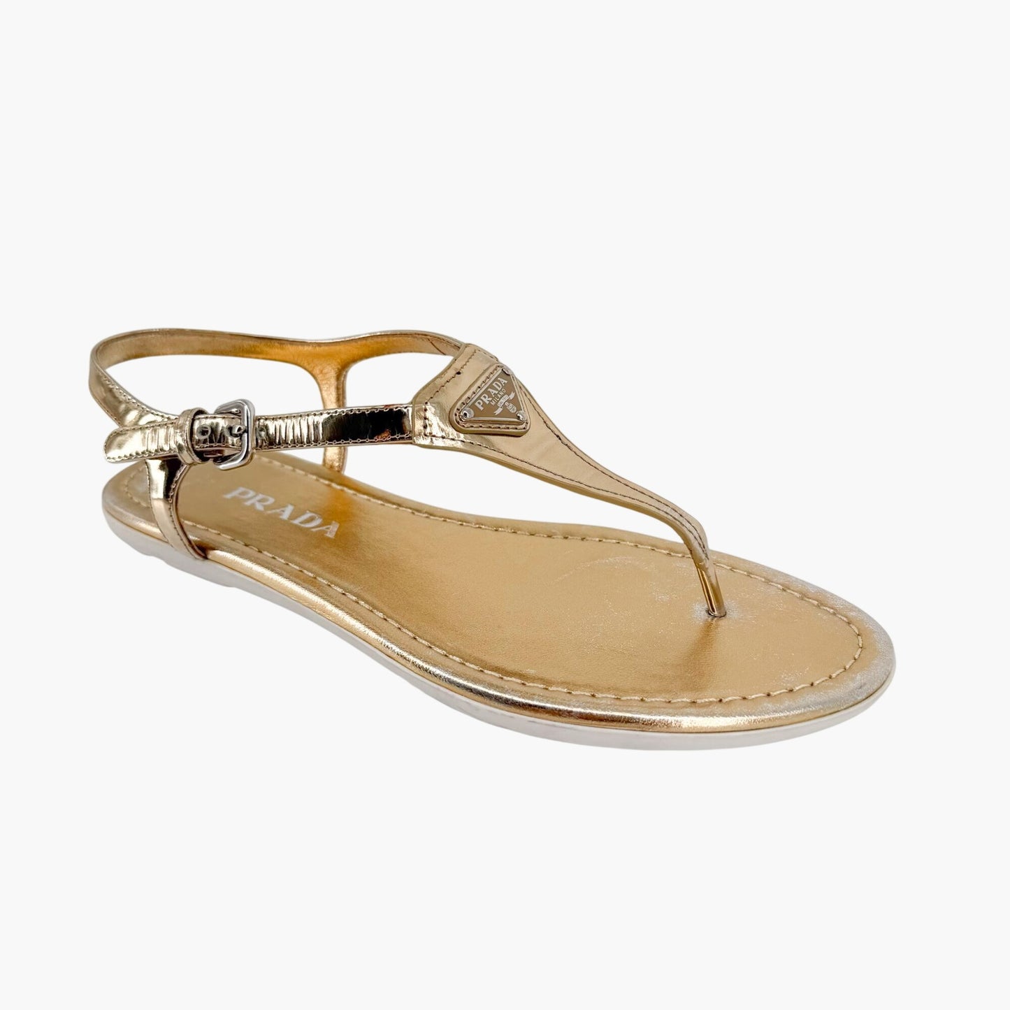 Prada Triangle Logo T Strap Sandals Gold Size 37.5