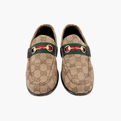 Gucci Web Stripe Horsebit Loafer in Beige GG Monogram Canvas Size 7