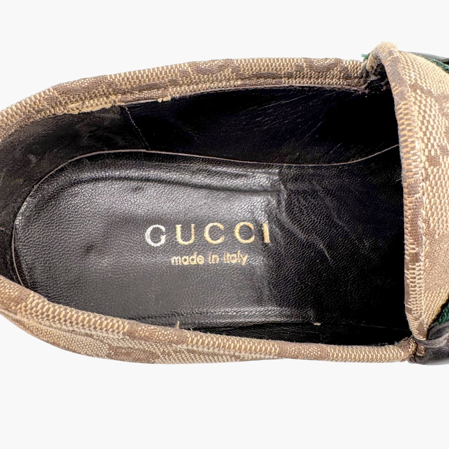 Gucci Web Stripe Horsebit Loafer in Beige GG Monogram Canvas Size 7