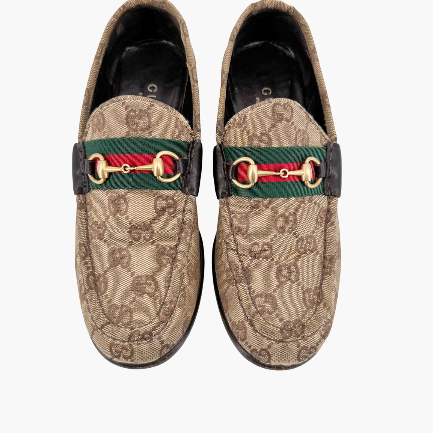 Gucci Web Stripe Horsebit Loafer in Beige GG Monogram Canvas Size 7