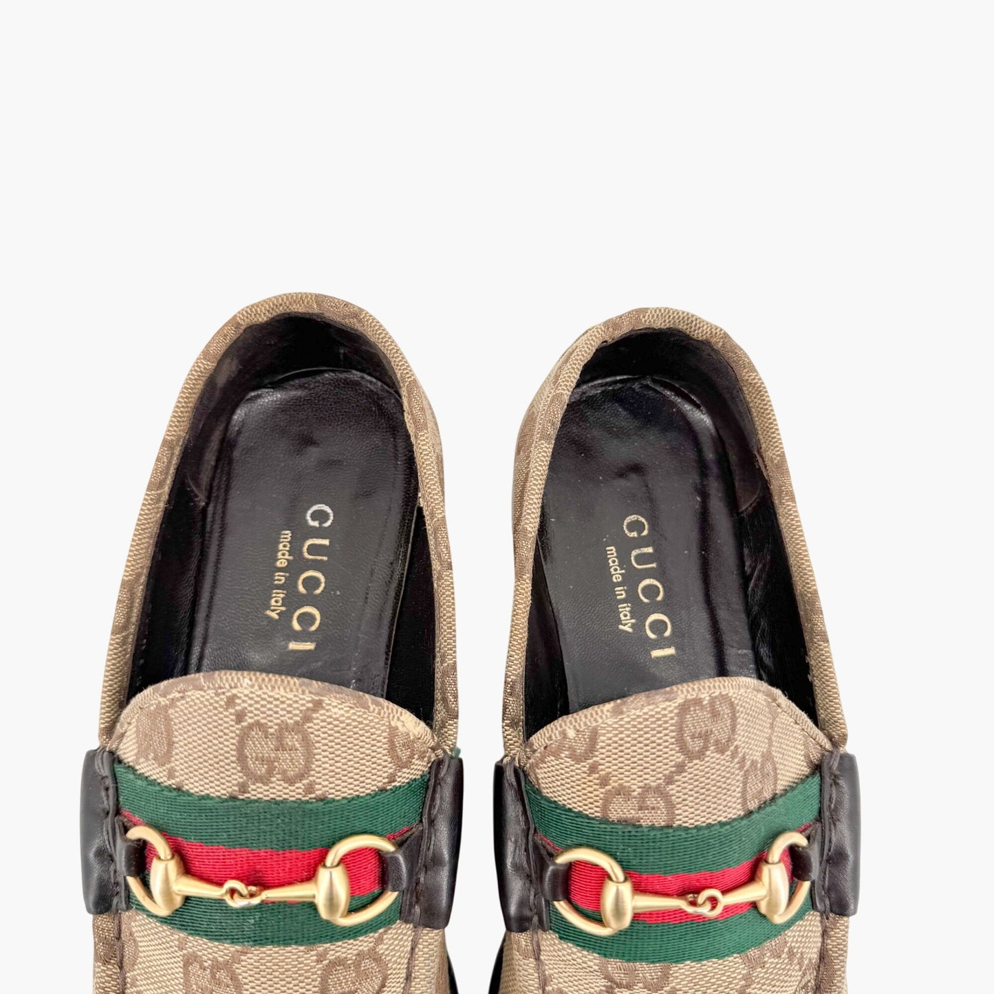 Gucci Web Stripe Horsebit Loafer in Beige GG Monogram Canvas Size 7