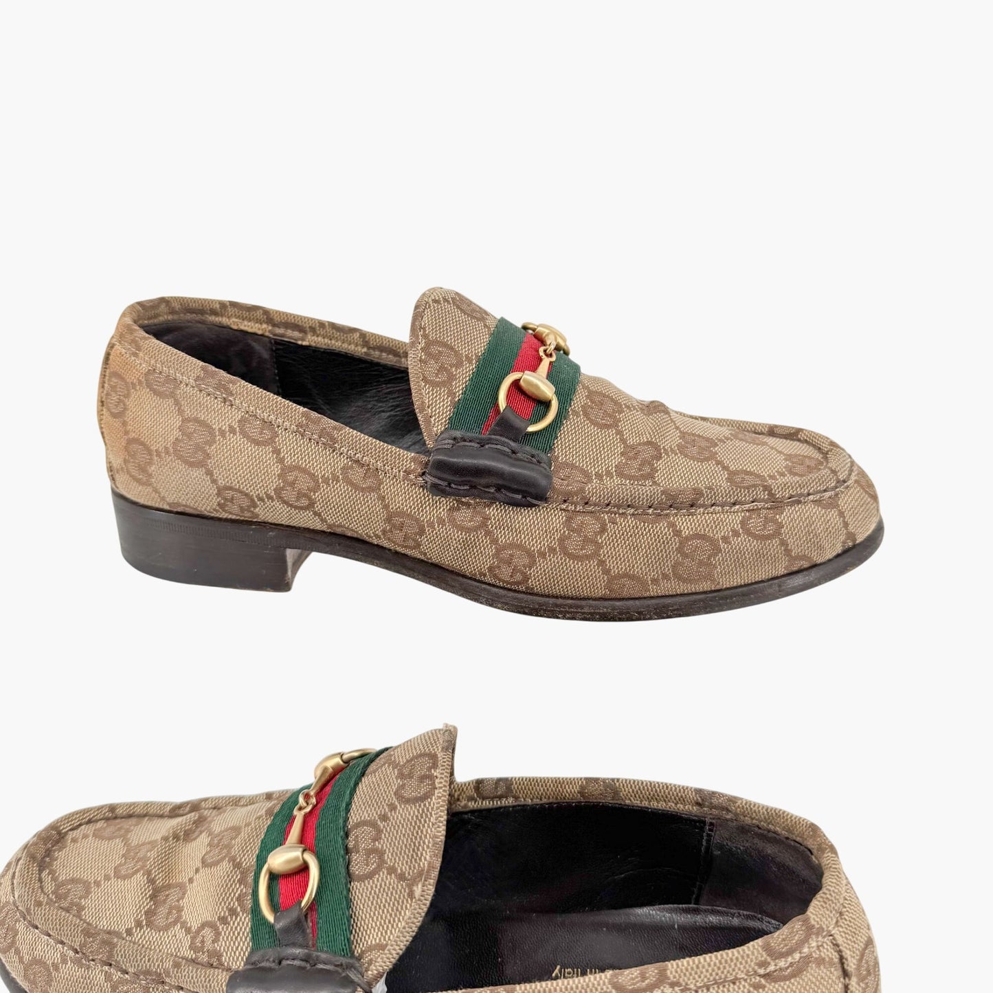 Gucci Web Stripe Horsebit Loafer in Beige GG Monogram Canvas Size 7