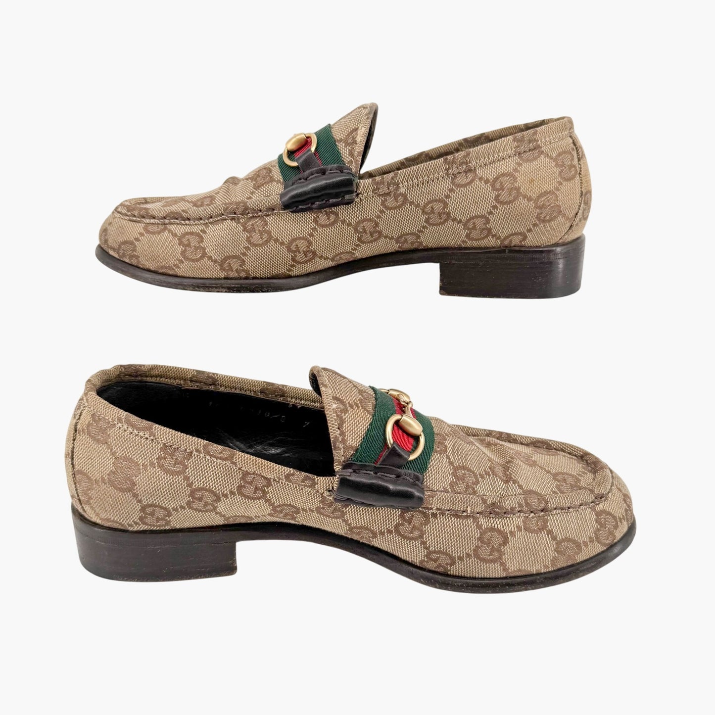 Gucci Web Stripe Horsebit Loafer in Beige GG Monogram Canvas Size 7