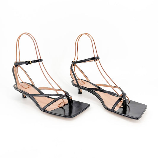 Bottega Veneta Stretch Strap Mid Heel Sandal in Black Leather Size 37.5