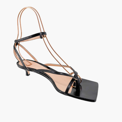 Bottega Veneta Stretch Strap Mid Heel Sandal in Black Leather Size 37.5