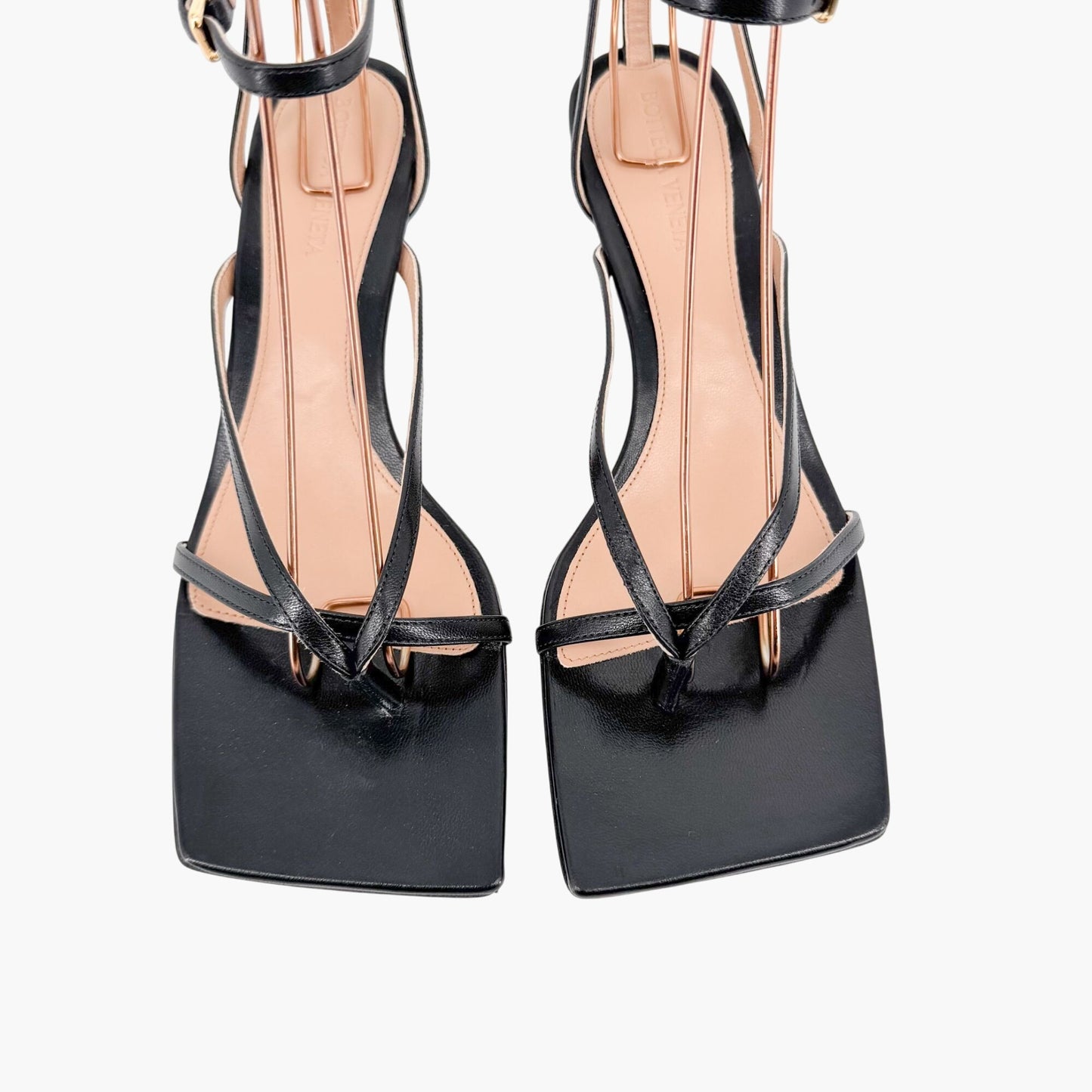 Bottega Veneta Stretch Strap Mid Heel Sandal in Black Leather Size 37.5