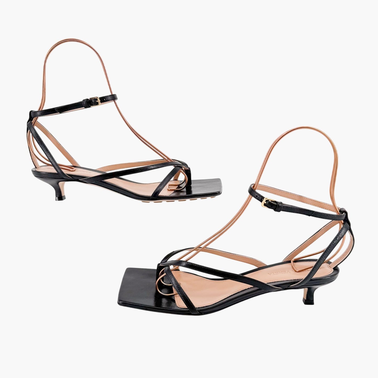 Bottega Veneta Stretch Strap Mid Heel Sandal in Black Leather Size 37.5
