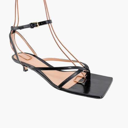 Bottega Veneta Stretch Strap Mid Heel Sandal in Black Leather Size 37.5