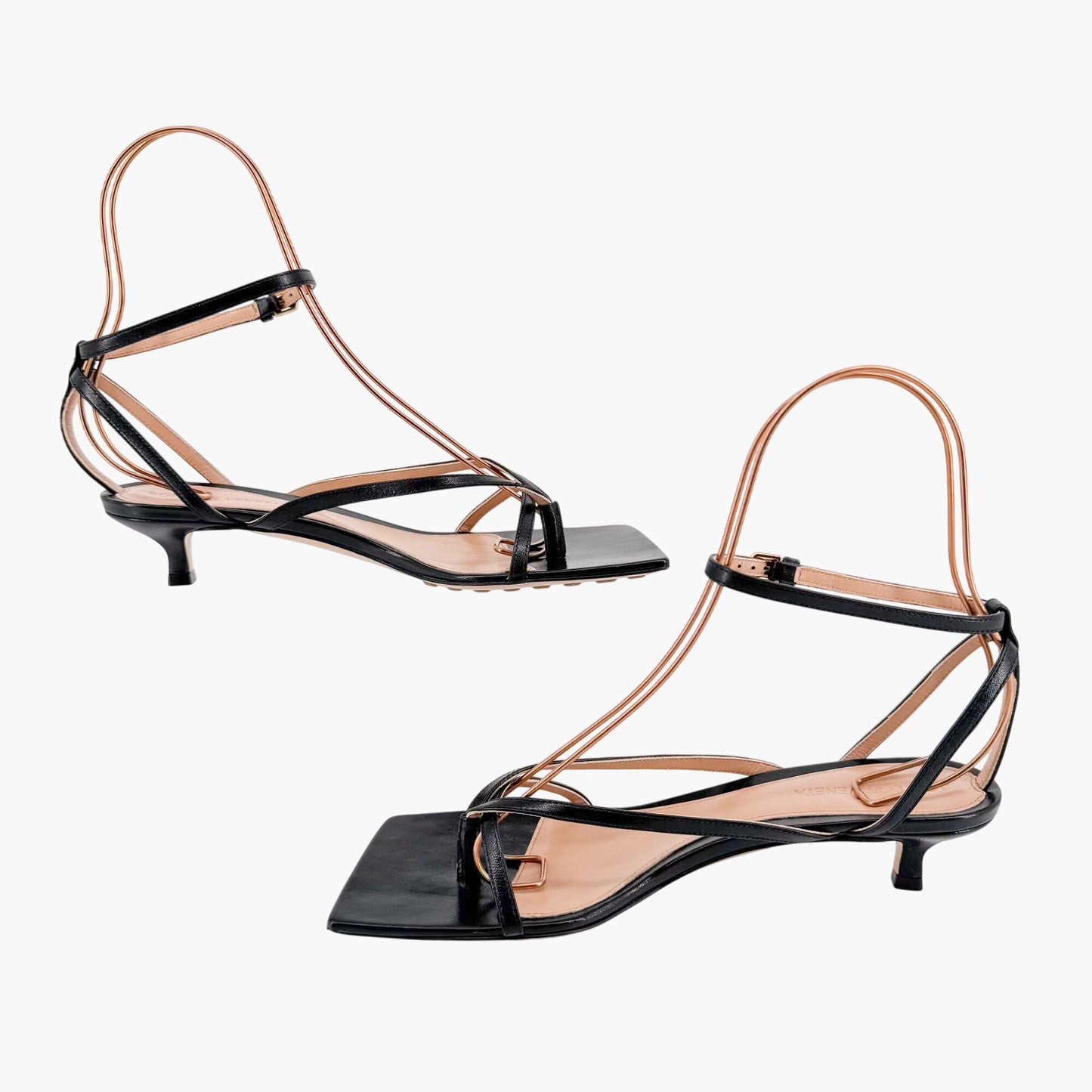 Bottega Veneta Stretch Strap Mid Heel Sandal in Black Leather Size 37.5