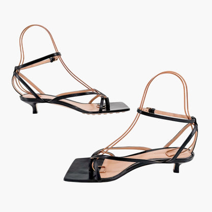 Bottega Veneta Stretch Strap Mid Heel Sandal in Black Leather Size 37.5