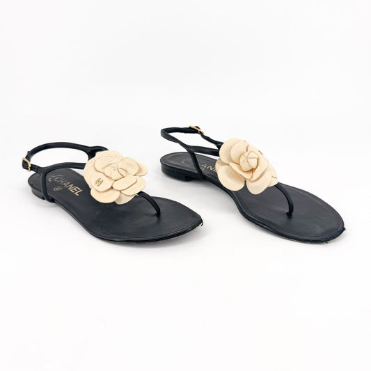 Chanel Camellia CC T-Strap Flat Sandals in Black & Ivory Leather Size 37.5C