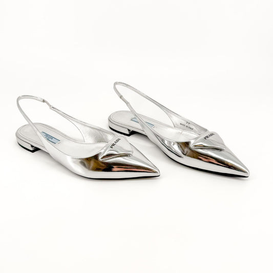 Prada Triangle Logo Slingback Flat in Metallic Silver Leather Size 37