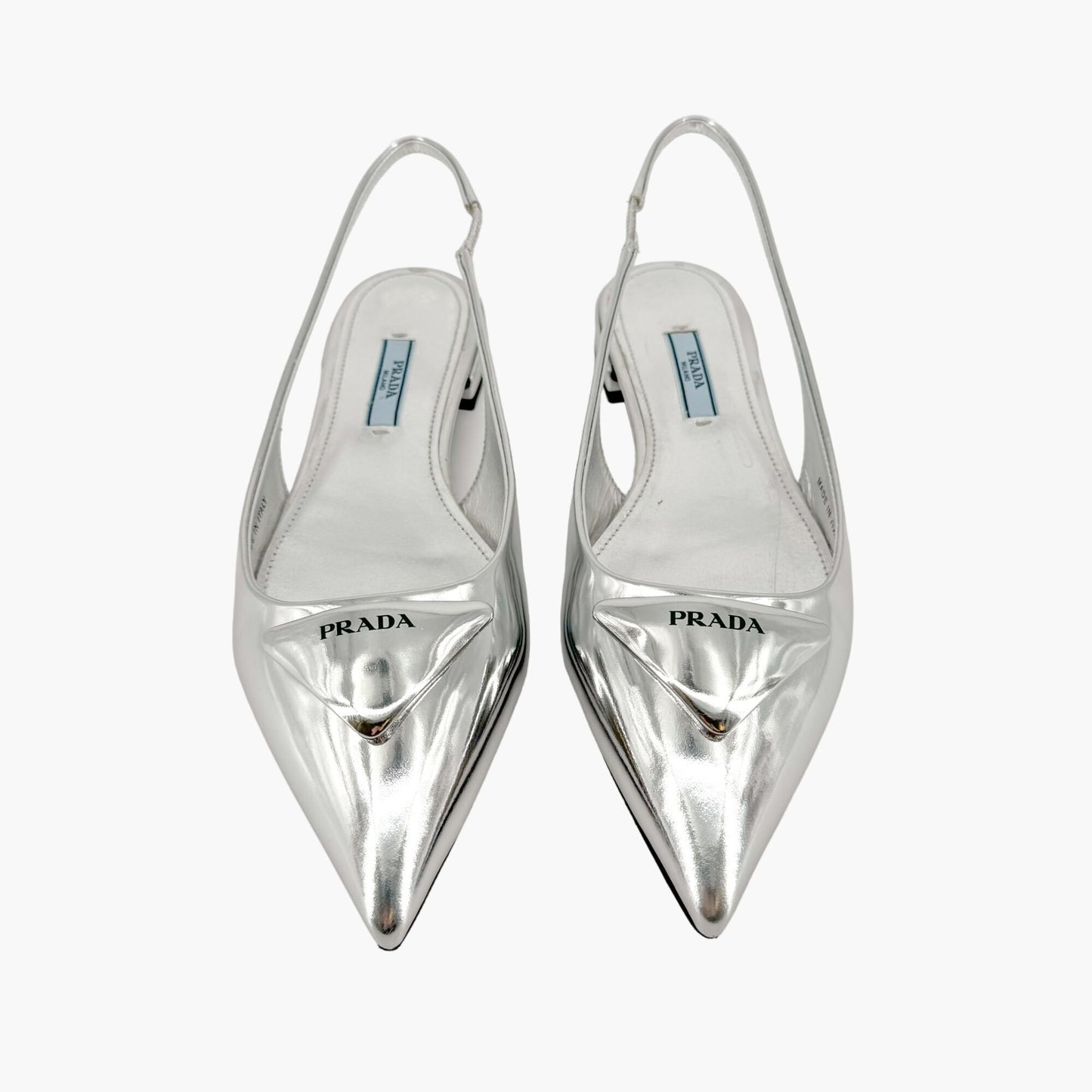 Prada Triangle Logo Slingback Flat in Metallic Silver Leather Size 37